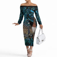 New Zealand Tui Bird Taiaha Off The Shoulder Long Sleeve Dress Maori Weapon Paua Shell Mix Silver Fern LT14 Women Turquoise - Polynesian Pride