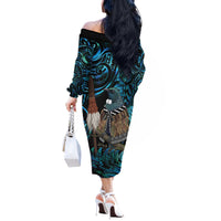 New Zealand Tui Bird Taiaha Off The Shoulder Long Sleeve Dress Maori Weapon Paua Shell Mix Silver Fern LT14 - Polynesian Pride
