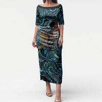 New Zealand Tui Bird Taiaha Puletasi Maori Weapon Paua Shell Mix Silver Fern LT14 Long Dress Turquoise - Polynesian Pride
