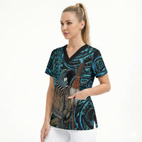 New Zealand Tui Bird Taiaha Scrub Top Maori Weapon Paua Shell Mix Silver Fern LT14 - Polynesian Pride