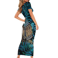 New Zealand Tui Bird Taiaha Short Sleeve Bodycon Dress Maori Weapon Paua Shell Mix Silver Fern LT14 - Polynesian Pride