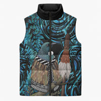 New Zealand Tui Bird Taiaha Sleeveless Puffer Jacket Maori Weapon Paua Shell Mix Silver Fern LT14 Unisex Turquoise - Polynesian Pride