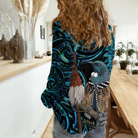 New Zealand Tui Bird Taiaha Women Casual Shirt Maori Weapon Paua Shell Mix Silver Fern LT14 - Polynesian Pride