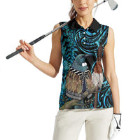 New Zealand Tui Bird Taiaha Women Sleeveless Polo Shirt Maori Weapon Paua Shell Mix Silver Fern LT14 - Polynesian Pride
