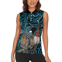 New Zealand Tui Bird Taiaha Women Sleeveless Polo Shirt Maori Weapon Paua Shell Mix Silver Fern LT14 - Polynesian Pride