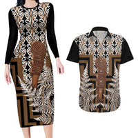 Wahaika New Zealand Couples Matching Long Sleeve Bodycon Dress and Hawaiian Shirt Maori Weapon Kowhaiwhai Fern Poutama Motifs LT14 Brown - Polynesian Pride