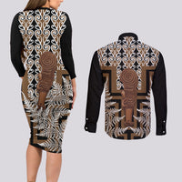 Wahaika New Zealand Couples Matching Long Sleeve Bodycon Dress and Long Sleeve Button Shirt Maori Weapon Kowhaiwhai Fern Poutama Motifs LT14 - Polynesian Pride