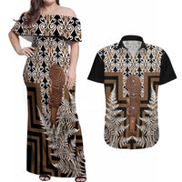 Wahaika New Zealand Couples Matching Off Shoulder Maxi Dress and Hawaiian Shirt Maori Weapon Kowhaiwhai Fern Poutama Motifs LT14 Brown - Polynesian Pride