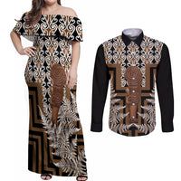 Wahaika New Zealand Couples Matching Off Shoulder Maxi Dress and Long Sleeve Button Shirt Maori Weapon Kowhaiwhai Fern Poutama Motifs LT14 Brown - Polynesian Pride