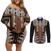 Wahaika New Zealand Couples Matching Off Shoulder Short Dress and Long Sleeve Button Shirt Maori Weapon Kowhaiwhai Fern Poutama Motifs LT14 Brown - Polynesian Pride