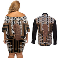 Wahaika New Zealand Couples Matching Off Shoulder Short Dress and Long Sleeve Button Shirt Maori Weapon Kowhaiwhai Fern Poutama Motifs LT14 - Polynesian Pride