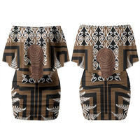 Wahaika New Zealand Couples Matching Off Shoulder Short Dress and Long Sleeve Button Shirt Maori Weapon Kowhaiwhai Fern Poutama Motifs LT14 - Polynesian Pride