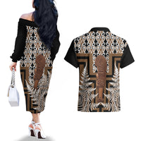 Wahaika New Zealand Couples Matching Off The Shoulder Long Sleeve Dress and Hawaiian Shirt Maori Weapon Kowhaiwhai Fern Poutama Motifs LT14 - Polynesian Pride