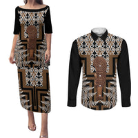 Wahaika New Zealand Couples Matching Puletasi and Long Sleeve Button Shirt Maori Weapon Kowhaiwhai Fern Poutama Motifs LT14 Brown - Polynesian Pride