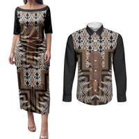 Wahaika New Zealand Couples Matching Puletasi and Long Sleeve Button Shirt Maori Weapon Kowhaiwhai Fern Poutama Motifs LT14 Brown - Polynesian Pride