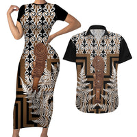 Wahaika New Zealand Couples Matching Short Sleeve Bodycon Dress and Hawaiian Shirt Maori Weapon Kowhaiwhai Fern Poutama Motifs LT14 Brown - Polynesian Pride