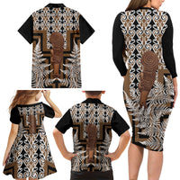 Wahaika New Zealand Family Matching Long Sleeve Bodycon Dress and Hawaiian Shirt Maori Weapon Kowhaiwhai Fern Poutama Motifs LT14 - Polynesian Pride