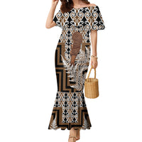 Wahaika New Zealand Family Matching Mermaid Dress and Hawaiian Shirt Maori Weapon Kowhaiwhai Fern Poutama Motifs LT14 Mom's Dress Brown - Polynesian Pride