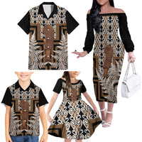 Wahaika New Zealand Family Matching Off The Shoulder Long Sleeve Dress and Hawaiian Shirt Maori Weapon Kowhaiwhai Fern Poutama Motifs LT14 - Polynesian Pride