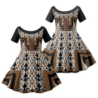 Wahaika New Zealand Family Matching Off The Shoulder Long Sleeve Dress and Hawaiian Shirt Maori Weapon Kowhaiwhai Fern Poutama Motifs LT14 Daughter's Dress Brown - Polynesian Pride