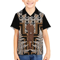 Wahaika New Zealand Family Matching Off Shoulder Maxi Dress and Hawaiian Shirt Maori Weapon Kowhaiwhai Fern Poutama Motifs LT14 Son's Shirt Brown - Polynesian Pride