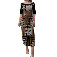 Wahaika New Zealand Family Matching Puletasi and Hawaiian Shirt Maori Weapon Kowhaiwhai Fern Poutama Motifs LT14 Mom's Dress Brown - Polynesian Pride