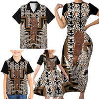 Wahaika New Zealand Family Matching Short Sleeve Bodycon Dress and Hawaiian Shirt Maori Weapon Kowhaiwhai Fern Poutama Motifs LT14 - Polynesian Pride