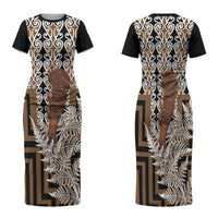Wahaika New Zealand Family Matching Short Sleeve Bodycon Dress and Hawaiian Shirt Maori Weapon Kowhaiwhai Fern Poutama Motifs LT14 Mom's Dress Brown - Polynesian Pride