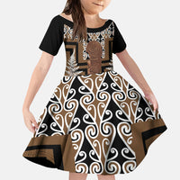 Wahaika New Zealand Family Matching Tank Maxi Dress and Hawaiian Shirt Maori Weapon Kowhaiwhai Fern Poutama Motifs LT14 Daughter's Dress Brown - Polynesian Pride