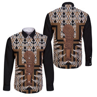 Wahaika New Zealand Family Matching Tank Maxi Dress and Hawaiian Shirt Maori Weapon Kowhaiwhai Fern Poutama Motifs LT14 Dad's Shirt - Long Sleeve Brown - Polynesian Pride