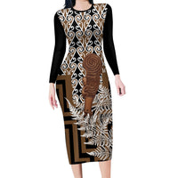 Wahaika New Zealand Long Sleeve Bodycon Dress Maori Weapon Kowhaiwhai Fern Poutama Motifs LT14 Long Dress Brown - Polynesian Pride