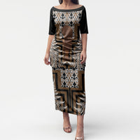 Wahaika New Zealand Puletasi Maori Weapon Kowhaiwhai Fern Poutama Motifs LT14 Long Dress Brown - Polynesian Pride
