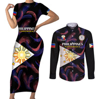 Custom Philippines Football Couples Matching Short Sleeve Bodycon Dress and Long Sleeve Button Shirts 2023 World Cup Go Filipinas Feather Black Version LT14 Black - Polynesian Pride