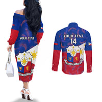 Custom Philippines Football Couples Matching Off The Shoulder Long Sleeve Dress and Long Sleeve Button Shirts 2023 World Cup Go Filipinas Feather Flag Version LT14 - Polynesian Pride