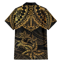 Black and Gold Polynesia Family Matching Off Shoulder Maxi Dress and Hawaiian Shirt Plumeria Tattoo With Polynesian Pattern