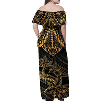 Black and Gold Polynesia Family Matching Off Shoulder Maxi Dress and Hawaiian Shirt Plumeria Tattoo With Polynesian Pattern