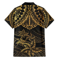 Black and Gold Polynesia Family Matching Short Sleeve Bodycon Dress and Hawaiian Shirt Plumeria Tattoo With Polynesian Pattern