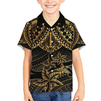 Black and Gold Polynesia Kid Hawaiian Shirt Plumeria Tattoo With Polynesian Pattern
