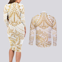 White and Gold Polynesia Couples Matching Long Sleeve Bodycon Dress and Long Sleeve Button Shirt Plumeria Tattoo With Polynesian Pattern LT14 - Polynesian Pride