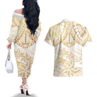 White and Gold Polynesia Couples Matching Off The Shoulder Long Sleeve Dress and Hawaiian Shirt Plumeria Tattoo With Polynesian Pattern