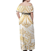 White and Gold Polynesia Family Matching Off Shoulder Maxi Dress and Hawaiian Shirt Plumeria Tattoo With Polynesian Pattern