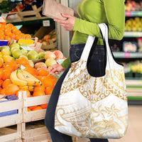 White and Gold Polynesia Grocery Bag Plumeria Tattoo With Polynesian Pattern