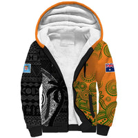 Custom Fiji And Australia Rugby Sherpa Hoodie Fijian Tapa Pattern With Aussie Aboriginal Art LT14 Unisex Black - Polynesian Pride