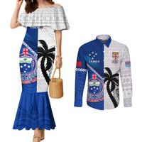 Fiji And Samoa Rugby Couples Matching Mermaid Dress and Long Sleeve Button Shirts 2023 World Cup Samoan Mix Tapa Pattern LT14 Blue - Polynesian Pride