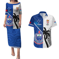 Fiji And Samoa Rugby Couples Matching Puletasi Dress and Hawaiian Shirt 2023 World Cup Samoan Mix Tapa Pattern LT14 Blue - Polynesian Pride