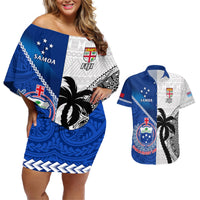 Custom Fiji And Samoa Rugby Couples Matching Off Shoulder Short Dress and Hawaiian Shirt 2023 World Cup Samoan Mix Tapa Pattern LT14 Blue - Polynesian Pride