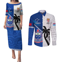 Custom Fiji And Samoa Rugby Couples Matching Puletasi Dress and Long Sleeve Button Shirts 2023 World Cup Samoan Mix Tapa Pattern LT14 Blue - Polynesian Pride