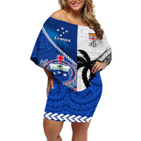 Custom Fiji And Samoa Rugby Off Shoulder Short Dress 2023 World Cup Samoan Mix Tapa Pattern LT14 Women Blue - Polynesian Pride
