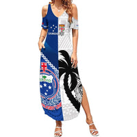 Custom Fiji And Samoa Rugby Summer Maxi Dress 2023 World Cup Samoan Mix Tapa Pattern LT14 Women Blue - Polynesian Pride