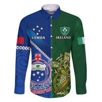 Samoa And Ireland Rugby Family Matching Puletasi Dress and Hawaiian Shirt 2023 World Cup Manu Samoa With Shamrocks LT14 Dad's Shirt - Long Sleeve Blue - Polynesian Pride